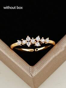 1pc Elegant Cubic Zirconia Inlaid Adjustable Open Ring, Suitable For Women's Daily, Dating, Work, Copper Jewelry, Holiday Gift - Yellow Gold - View 2