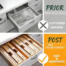 2-In-1 Bamboo Wrap Dispenser With Built-In Slide Cutter, 3 Slots Organizer For Plastic Wrap Aluminum Foil, Fits 15" Rolls, Kitchen Drawer Storage With 21 Label Stickers, Requires 3" Deep Drawer, 16.X5.5x2.8 Inch - 查看 6