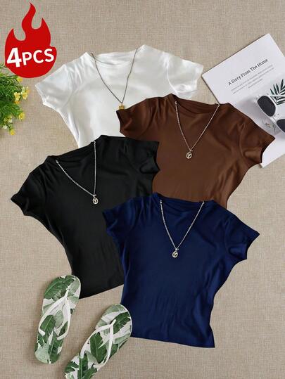 4-Piece Women's Round-Neck Short-Sleeve T-Shirts, Summer New Fashion Solid Color Slim-Fit Cropped Tops, Suitable For Daily Wear