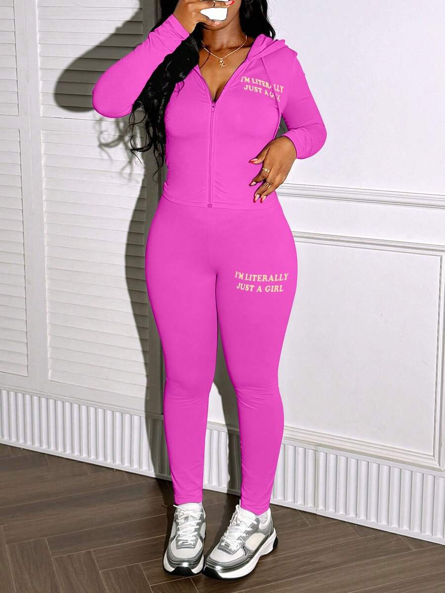 LovelyWholesale 2pcs Women Sports Letter Print Zip-Up Hoodie Jacket And Leggings Set, Spring Outfit