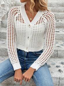 Lightweight Women's Short Cardigan, Long Sleeve Design, Hollow-Out Knit Fabric - White - View 6