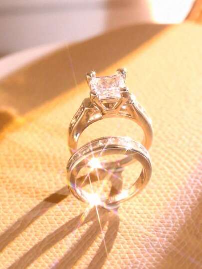 2 piezas Juego de anillos de mujer elegantes y de lujo con circonita cúbica, anillos sintéticos cuadrados brillantes, adecuados para uso diario, regalo perfecto para ella en graduación, regreso a clases, Día de San Valentín, Día de la Madre