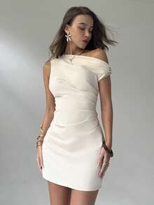 New Apricot-Colored Fitted Mini Dress With Asymmetrical Shoulder And Ruched Waist - Apricot - View 7