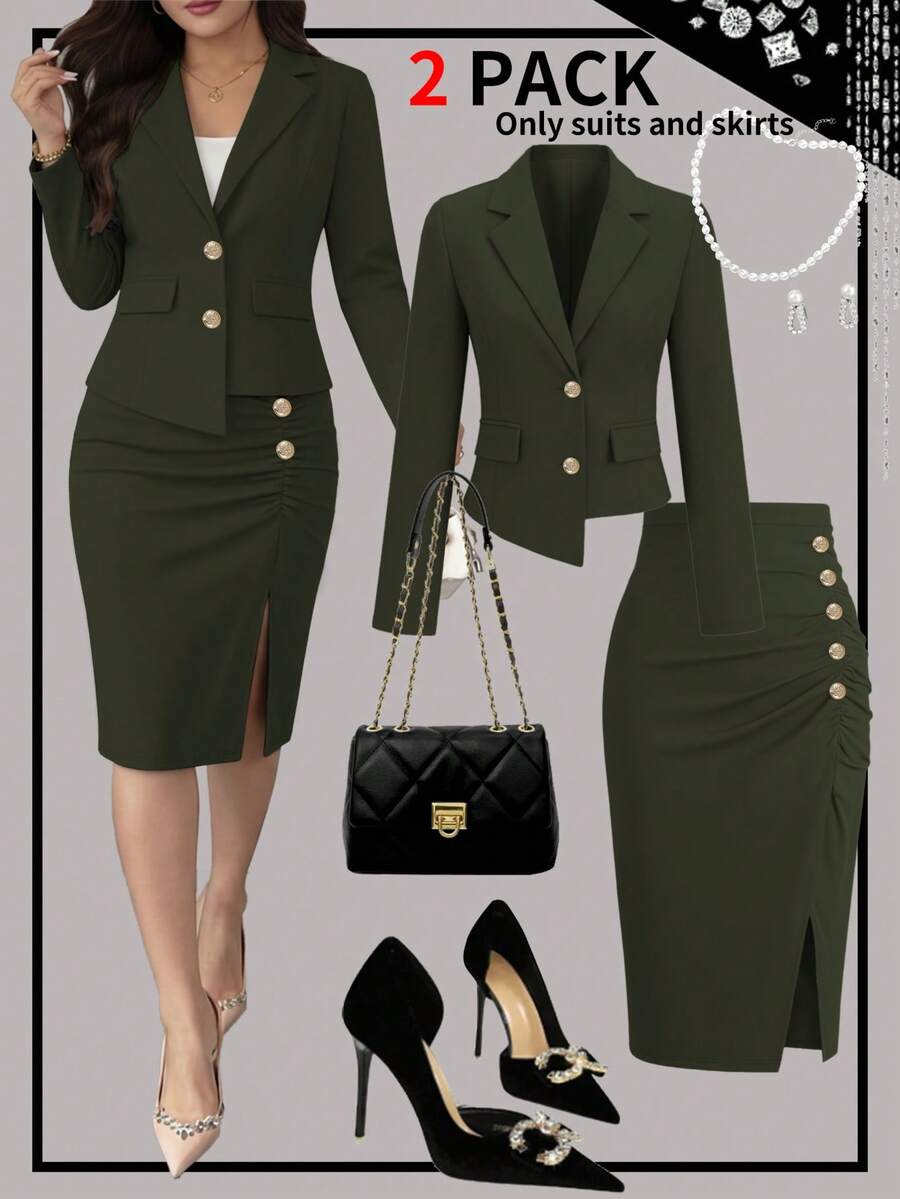 Bộ đồ 2 món thanh lịch dành cho nữ, gồm áo blazer kiểu dáng công sở và chân váy xẻ tà, thích hợp cho mùa xuân/hè. - Xanh quân đội 29 - Xem 1
