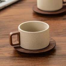Bộ 1 tách cà phê gốm sứ kiểu cổ điển 8.45oz kèm đĩa lót, thiết kế cốc thẳng cổ điển, cốc cà phê thủ công chống bỏng, cốc trà miệng rộng cao cấp có họa tiết hoa kéo, thích hợp cho gia đình, quán cà phê và làm quà tặng. - 1 bộ - Cốc cà phê + bộ tách và đĩa bằng gỗ nguyên khối - Xem 8