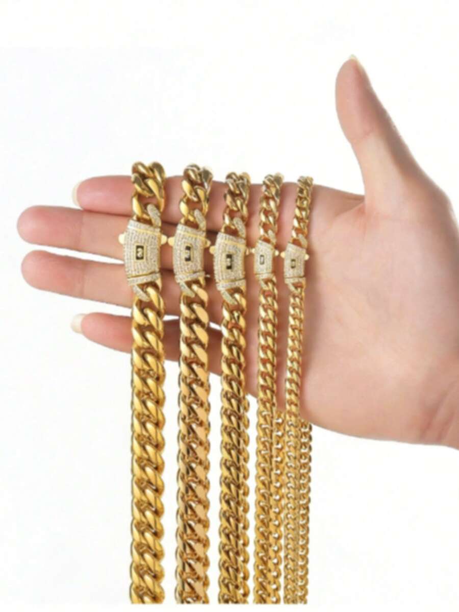 6毫米不锈钢男士14K金链，配锆石弹簧扣，钛钢材质，节日礼物 - 款式1 - 查看 1