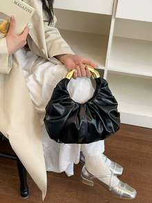 Pleated Cloud Design Handbag, Fashionable Luxury Lightweight Dumpling Shaped Tote Bag For Women - Black - View 7