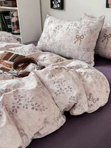 4pcs Butterfly & Wheat Floral Duvet Cover Set (1*Duvet Cover + 1*Flat Sheet + 2*Pillowcases), Ink Butterfly Print, Lavender Leaf Pattern, Luxurious Retro Style, Solid Color Sheet, Active Dyeing Process, With Tie Corners And Zipper Design, Versatile, Soft Texture, Machine Washable, Duvet Cover & Pillowcases Without Filler, Back To School - Purple - View 7
