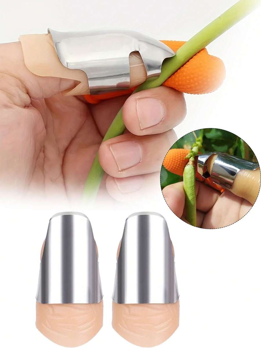 1/2pcs Thumb Knife With Finger Sleeve, Stainless Steel Thumb Harvesting Tool For Beans, Tea Leaves And Other Crops, Portable And Easy-To-Use Gardening Tool - Multicolor - View 1