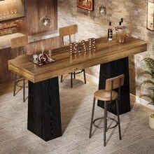 LITTLE TREE 160cm Rustic Wood Bar Table Rectangular Counter Height Pub Table Thick Tabletop Sturdy Base For Kitchen Dining Room - Brownish Black - View 6