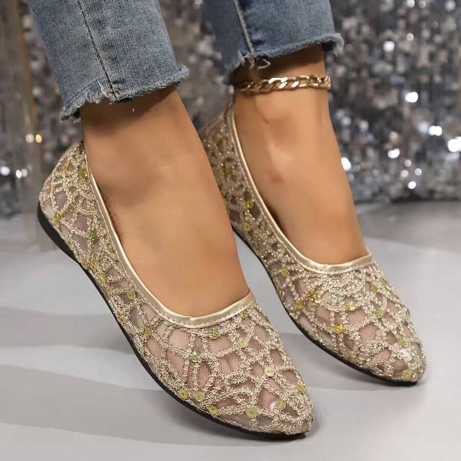 Solid Color Geometric Pattern Glitter Women Flat Shoes, Party Wear Spring/Summer - Gold - View 1