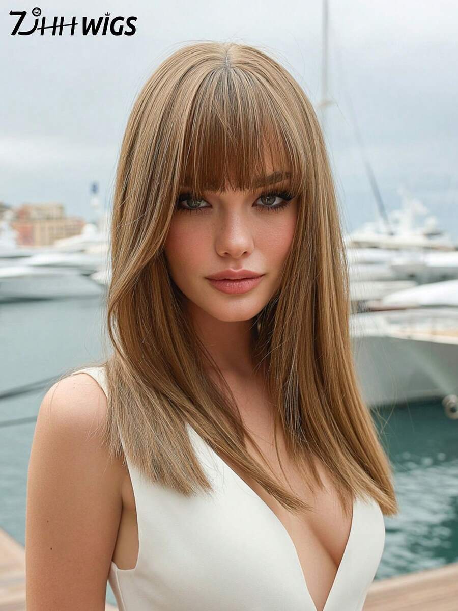 7JHH WIGS 女士齐肩直发假发，16英寸优雅浅棕色带刘海假发，高品质柔软丝滑耐热合成纤维假发，适合日常佩戴，完美适用于节日、角色扮演和音乐节，也是毕业礼物和母亲节礼物的理想选择。