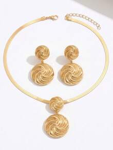 2pcs/Set New Creative Geometric Spiral Pattern Round Metal Gold Fashionable Elegant Pendant Necklace + Earrings, Suitable For European And American Daily Fashion, Commuting And Other Occasions - Yellow Gold - View 3
