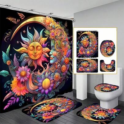 4pcs Moon Shower Curtain Set - 4pcs Moon And Sun Shower Curtain Decor, Beautiful Housewarming Gift, Modern Home Decor, Shower Curtain And Bathroom Mat 3 Pieces Set, Includes 12 Shower Curtain Hooks