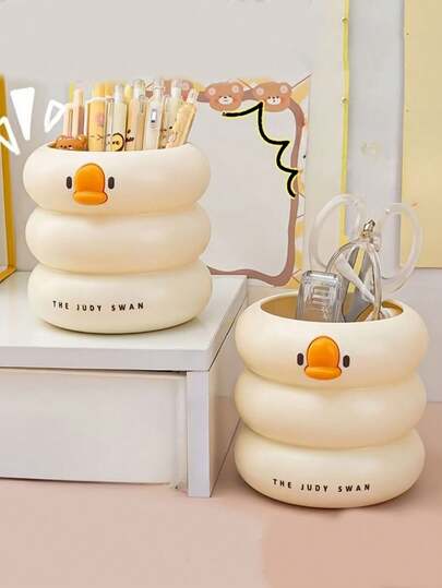 1 PC Cute Duck Pen Holder & Makeup Brush Organizer - Creative Large Capacity Multi-Functional Storage Box With Stacked Duck Design - Durable Plastic For Desk, Office, Vanity Organization - Office Supplies, Playful Decor, Smooth Finish - Stationery Lovers, Desk & Drawer Organizer For Home Storage