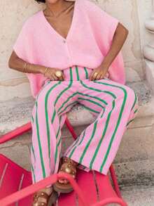 Striped Polyester Pocket Drawstring Pants, Suitable For Casual, Holiday, Evening Date, Birthday Party, Back To School Party, Travel, Country Music Festival, Sports & Fitness, Spring/Summer Vacation - Pink and Green - View 3