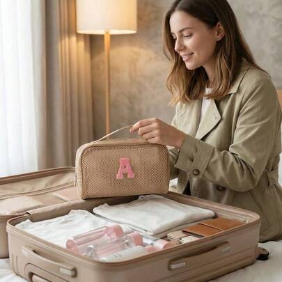 1pc Fashion Minimalist Portable Cosmetic Bag, Suitable For Women/Girls Travel, Home And Daily Use, Large Capacity, Pink Initial A-Z Embroidered Cosmetic Organizer, Mini Makeup Bag, Travel Makeup Case, Makeup Brush Holder, Cosmetic Container, Makeup Pouch, Travel Essentials, Makeup Bag, Makeup Pouch, Back To School Supplies