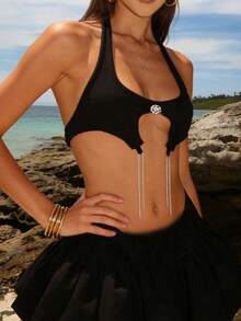 Women Halter Tank Tops Rhinestone Flower Tassels Tie-Up Back Lingerie Bra For Going Out Party Club - 黑色 - 查看 2