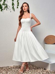 Elegant White Mid-Length Spaghetti Strap Ruffle Back Sleeveless Dress, Casual Bohemian Style For Summer - White - View 5