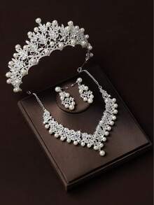 1 Set Bridal Accessories, Classic Elegant Pearl Crown, Luxury Necklace And Earrings 4pcs Jewelry Set, Suitable For Wedding Dress, Gown, Party, Prom - 白色 - 查看 2