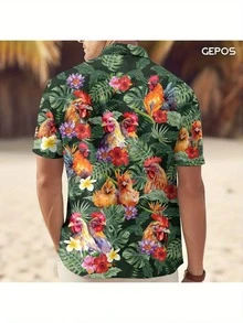 Rooster And Tropical Flower Print Symbolizes Vitality Freedom And Harmony With Nature Vibrant 3D Printed Hawaiian Men Shirt Short Sleeve Casual Summer Beachwear - trắng - Xem 3
