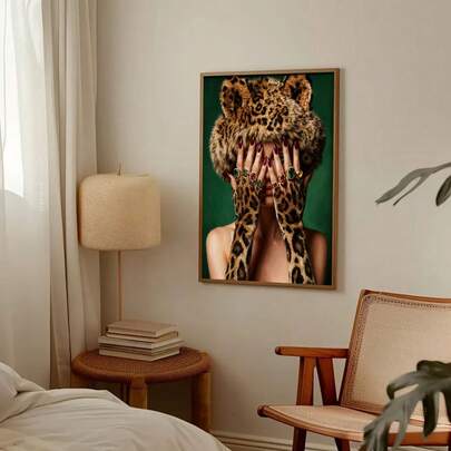 1Pc Secret Gaze Poster, Luxurious Leopard Print Portrait Wall Painting, Bold Feminine Print, Suitable For Wall Art Decoration, Frameless
