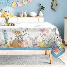 Easter Bunny Table Cloth Rectangle Machine Washable Rabbit Farmhouse Blue Ribbon Tablecloth 104 * 60 inch Polyester Easter Eggs Table Cover for Kitchen Dinner Party Outdoor Decor - Cinta Azul - Ver 8