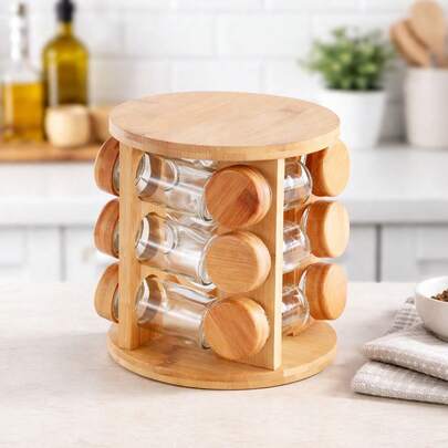 Porta Condimentos de Bambu Giratório 12 Potes Frascos Saleiro Temperos Organização Para Cozinha
