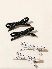 4pcs Black & White Polka Dot Pattern, Minimalist Bow Design, Retro Elegant Style, Versatile Hair Accessories - Black and White - View 5