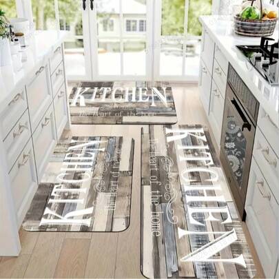 Juego de 2/3 alfombras de cocina, alfombra con estampado de alfabeto y rayas de madera, felpudo de poliéster antideslizante, apto para entrada, cocina, lavandería, baño, secado rápido