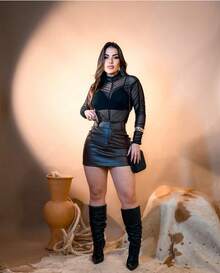 Women's Set: Bodysuit, Tulle Blouse With Long Sleeves, Pleated, Draped, And Gathered, And Short Faux Leather Skirt. Complete Outfit For Parties, Nights Out, Clubs, Country Music, Rodeos, Elegant, Chic, Aesthetic, High Neck, And Sertanejo Performances. - 黑色 - 查看 1