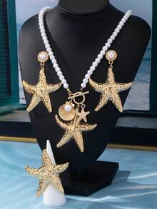 Set Perhiasan Anyaman Cangkang Bintang Laut 4 Buah untuk Wanita - Aksesoris Pesta & Liburan Pantai - Yellow Gold - View 3
