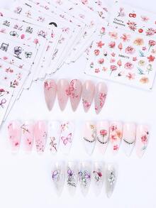 SWEET TREND Conjunto de 24 adesivos de unhas com estampa floral romântica e elegante em aquarela de flores de cerejeira, pétalas de rosa rosa, flores de cerejeira e borboletas, para decoração de unhas em salão de beleza. - Multicolorido - Ver 8