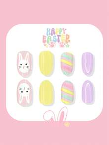 24pcs Easter Theme Oval Nail Stickers, Soft Color Striped Dotted Pattern, Cute Rabbit Design, Glossy Finish, Full Coverage Artificial Nails, Adorable Bunny Pattern, Suitable For Daily Wear - Multicolor - View 3