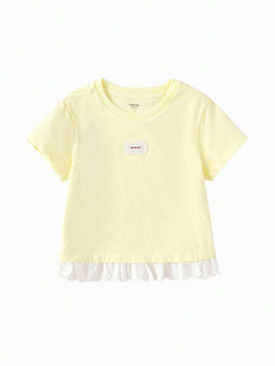 女童夏季短袖荷叶边领刺绣上衣，新品上市 - 蛾黃 - 查看 1