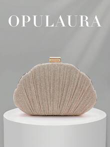 OpulAura 女款極簡貝殼造型奢華 PU 皮革晚宴手拿包，優雅迷人的晚宴包，亮面派對包，適用正式場合、雞尾酒會、浪漫婚禮，附鏈條背帶 - 金色 - 查看 5