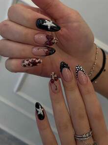 24片/套 3D樱桃豹纹、珍珠、星形杏仁形美甲贴片，包含甲油胶和指甲锉，适合日常佩戴、音乐节、派对等场合 - 彩色 - 查看 1