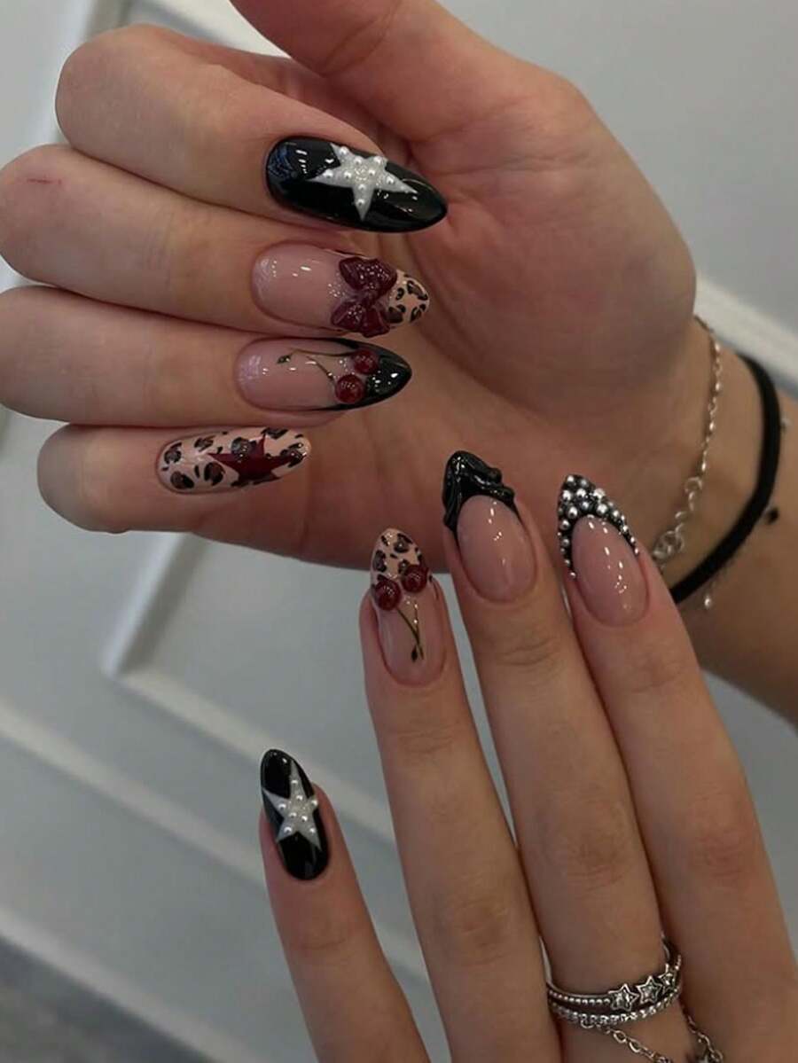 24片/套 3D樱桃豹纹、珍珠、星形杏仁形美甲贴片，包含甲油胶和指甲锉，适合日常佩戴、音乐节、派对等场合 - 彩色 - 查看 1