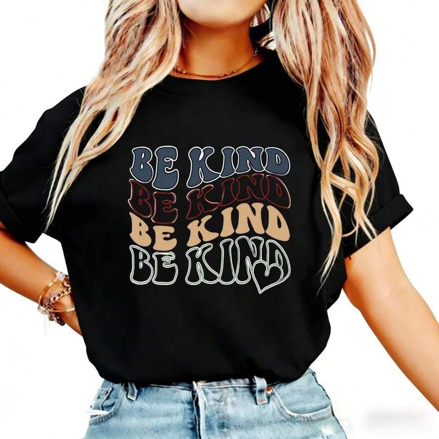 BE KIND Black Retro Four Times Stacked Typography Graphic T-Shirt - Casual Crew Neck Short Sleeve Vintage Multi Color Text Design, Blue Red Beige White Print With Heart Shaped 'O', Super Soft Breathable Summer Tee - Perfect Positive Vibes Inspirational Message Gift For Women Men Family Friends Birthday Valentine's Day Mother's Day Christmas Festival - màu đen - Xem 1
