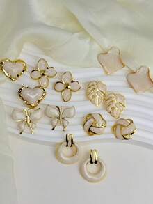 14pcs/Set 304 Gold-Plated Stainless Steel Flower, Butterfly And Heart-Shaped Leaf Pendant Enamel Earrings; Hypoallergenic Stud Earrings; Women's Earrings, Jewelry Set, Gift For Her - Multiple Styles - View 6
