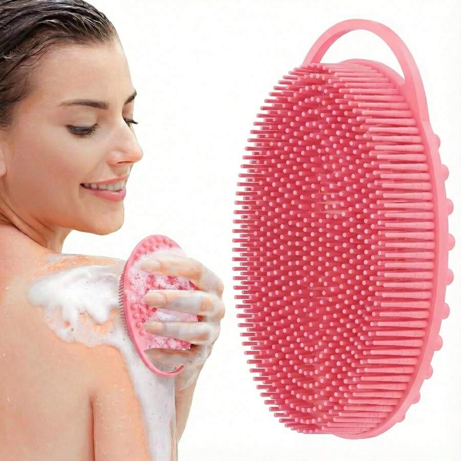 Soft Silicone Body Scrubber – 2-In-1 Bath & Shampoo Brush, Gentle Exfoliator Sensitive Skin, Full-Body Shower Brush - Hồng - Xem 1