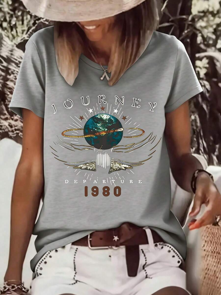 Vintage 1980 Journey Departure Print Fashion Casual Short Sleeve 2026 Summer Fit Comfortable Round Neck Women's T-Shirt - 灰色 - 查看 1