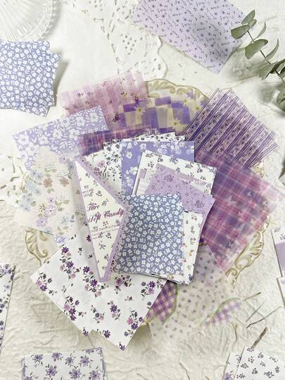 52pcs/Pack Vintage Floral Background Mixed Material Paper, Scrapbooking, DIY Craft