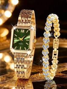 Bộ 2 chiếc đồng hồ nữ dây hợp kim kim loại thời trang, mặt số La Mã, máy quartz, kèm vòng tay chữ LOVE, thích hợp đeo hàng ngày hoặc làm quà tặng dịp lễ. - Vàng - Xem 12