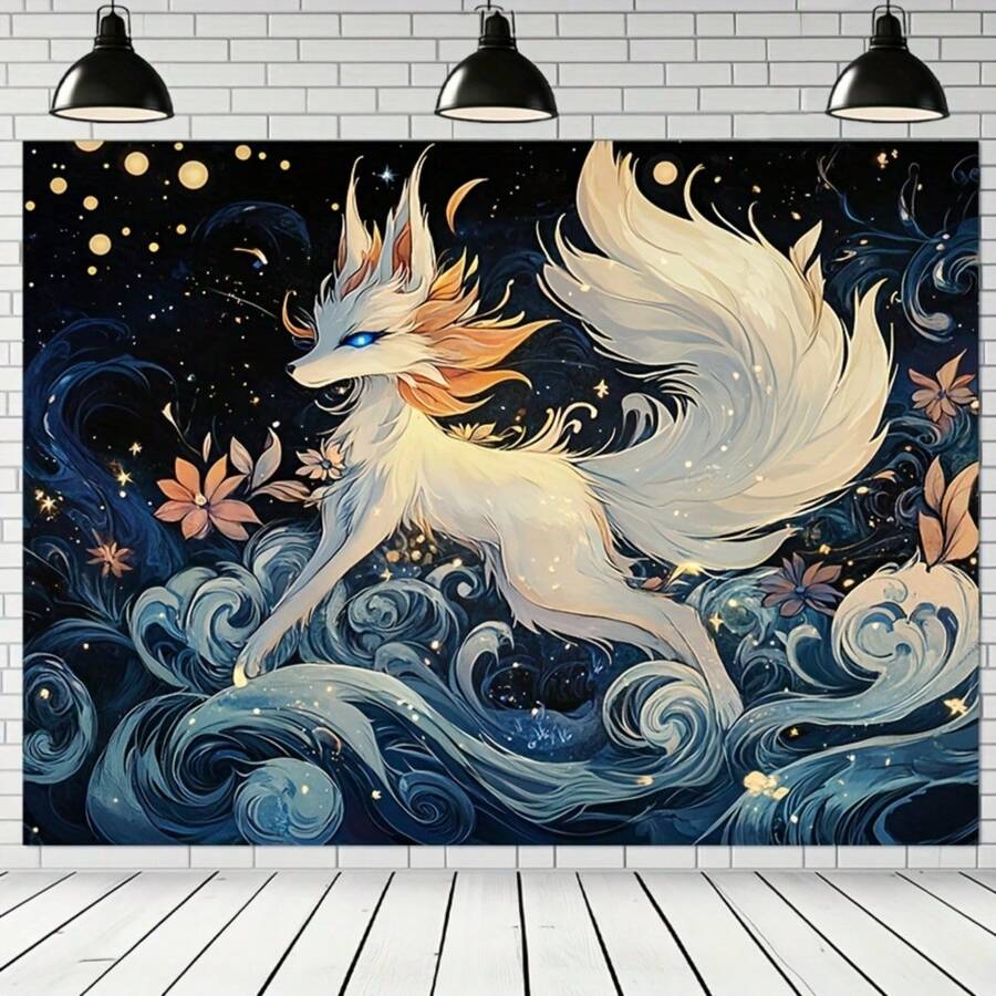 1 件装九尾狐背景布 - 优雅的狐狸,金色眼睛,深色和金色点缀 - 无需用电,非常适合摄影工作室、派对装饰和家居墙面艺术 - 涤纶材质,狐狸装饰 - 彩色 - 查看 1