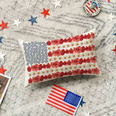 1 Vỏ gối trang trí hình hoa anh túc ngày Quốc khánh 4 tháng 7, kích thước 12 x 20 inch, họa tiết cờ Mỹ, dùng cho ghế sofa, một mặt, không bao gồm ruột gối.