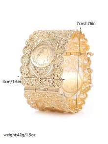 1pc Moroccan Style Hollow Coin Shaped Alloy Bangle, Wide & Fashionable, Suitable For Wedding & Festivals - Yellow Gold - View 5