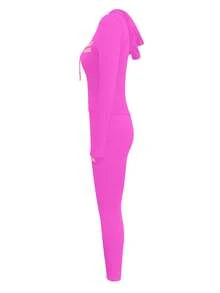 LovelyWholesale 2pcs Women Sports Letter Print Zip-Up Hoodie Jacket And Leggings Set, Spring Outfit - Hot Pink - View 8