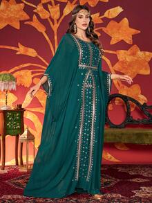 Women's Solid Color Round Neck Arabic Style Dress, Decorated With Luxurious Embroidered Beads, Elegant And Graceful, Suitable For Spring - Dark Green - View 6