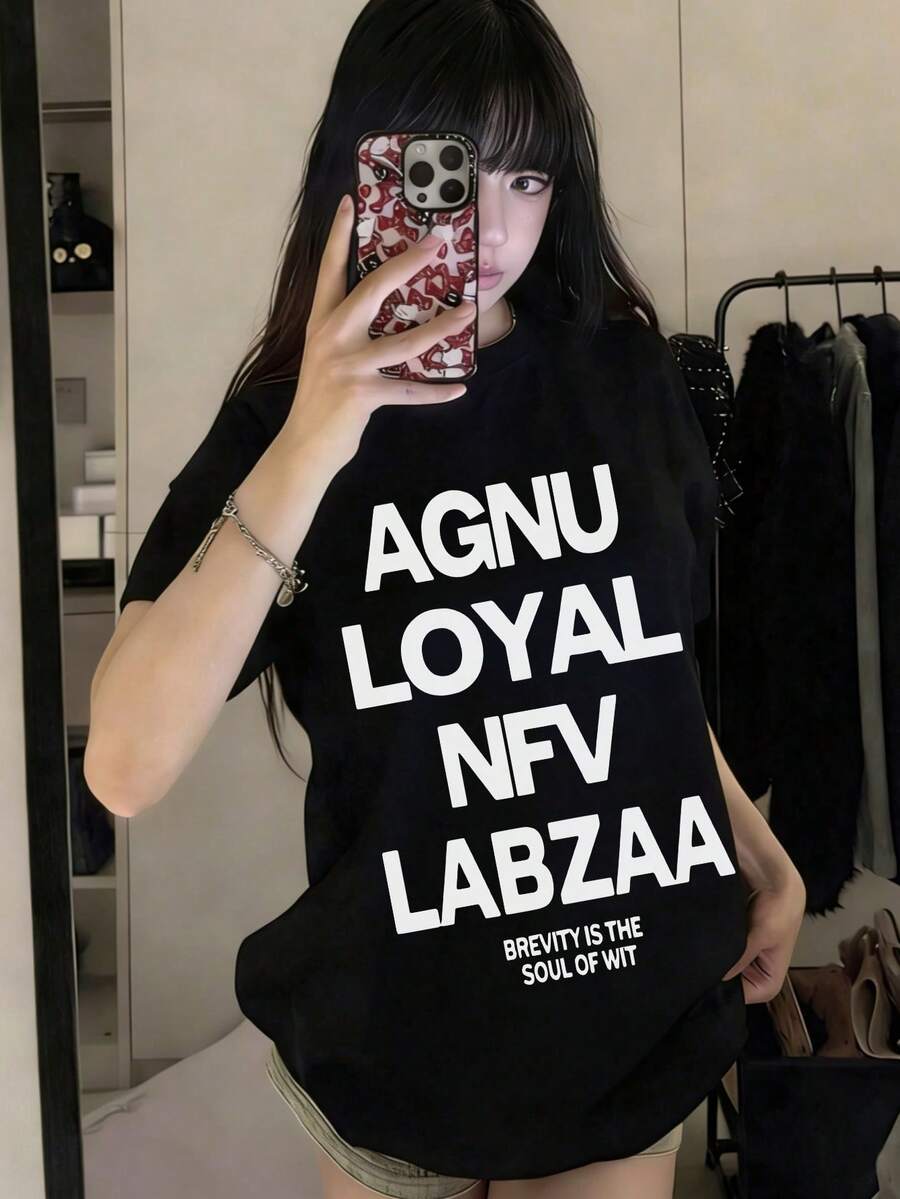 新款夏季 Z 世代 Y2K 风格女式上衣，图案英文印花圆领短袖 T 恤，休闲百搭 - 黑色 - 查看 1